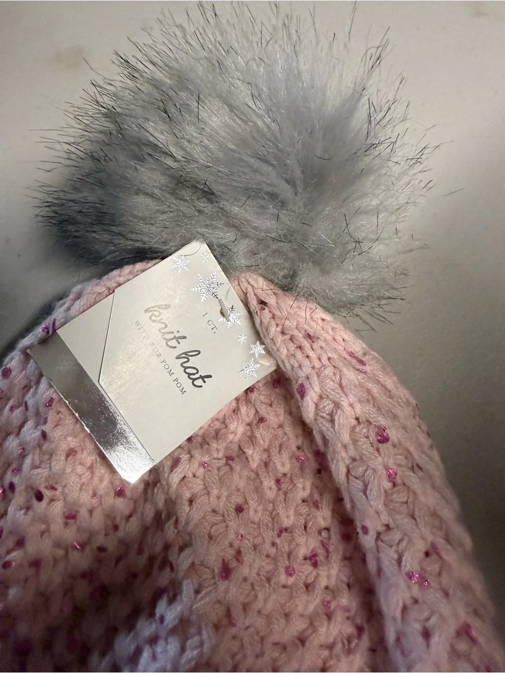 Girls Pink Knit Pom Beanie Hat with Gray Faux Fur Pom Pom One Size NEW